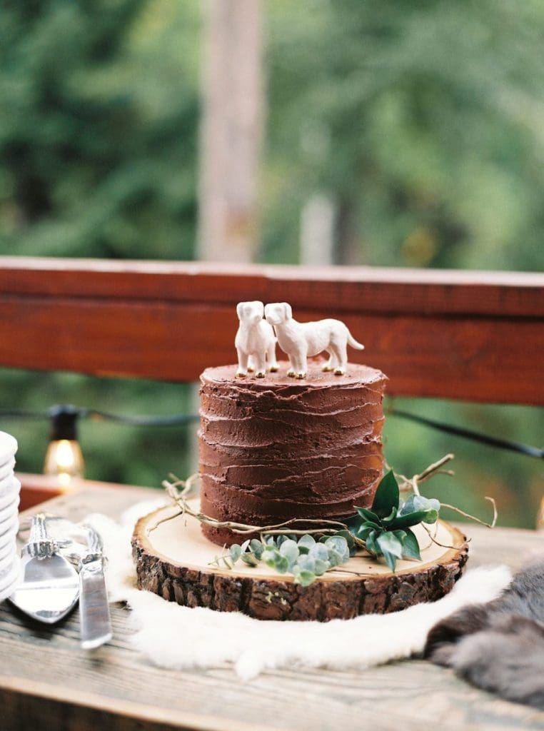 chocolate cake on wood round