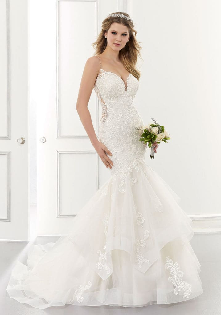 morilee mermaid gown with tiered skirt and lace with open back lace detail deep plunge and encrusted straps gretchen's bridal gallery indianapolis