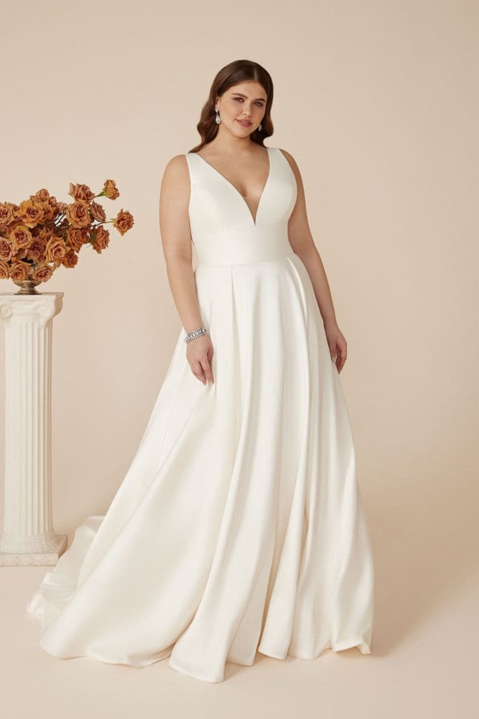 Justin Alexander a line gown with silk makado fabric thick straps and deep plunging neckline 