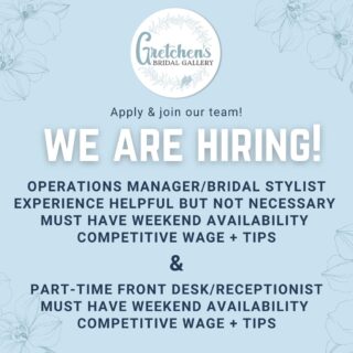 🌟 We are hiring! 🌟 Join the Gretchen's Bridal Gallery family as our new Operations Manager/Bridal Stylist or a Front Desk/Receptionist.

We're searching for a talented individual with a sparkling personality and, weekend availability. If you're passionate about the bridal industry and crave a fulfilling career, we want to meet you! Don't miss out on this incredible chance. Apply today! 

Send your resume to info@gretchensbridalgallery.com. 
LINK IN BIO for further details!

#indianapolisjobs #indybridalboutique #indianajobs #nowhiring